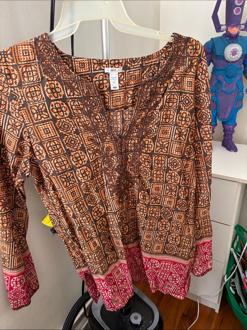 Brown & Pink Printed V-Neck Tunic with Embroidered Yoke